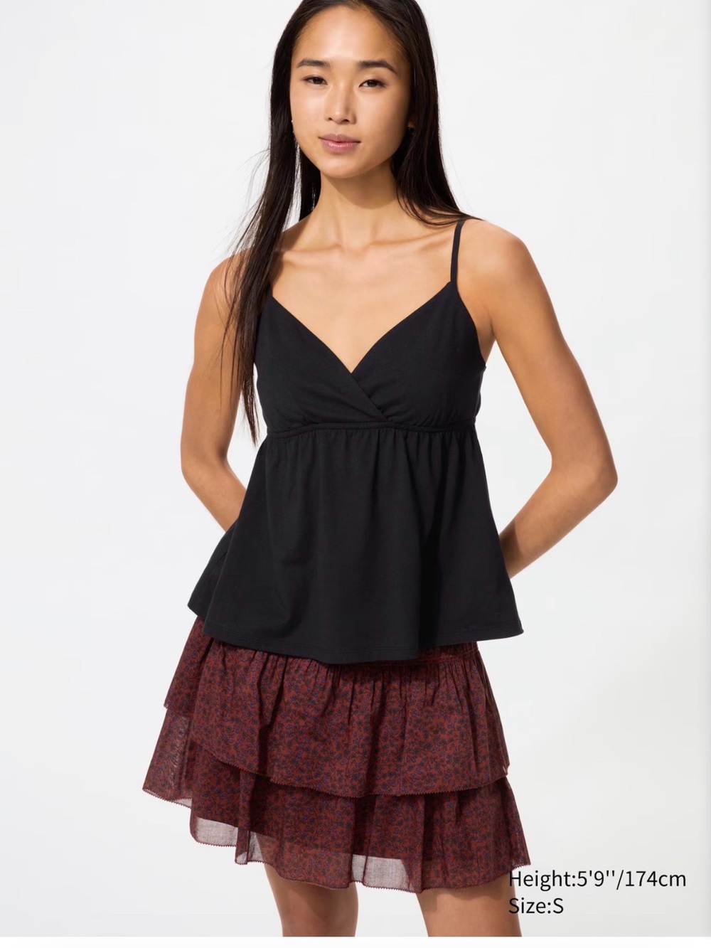 Uniqlo Burgundy Floral Tiered Mini Skirt; Shirring Volume Frill Mini Skirt